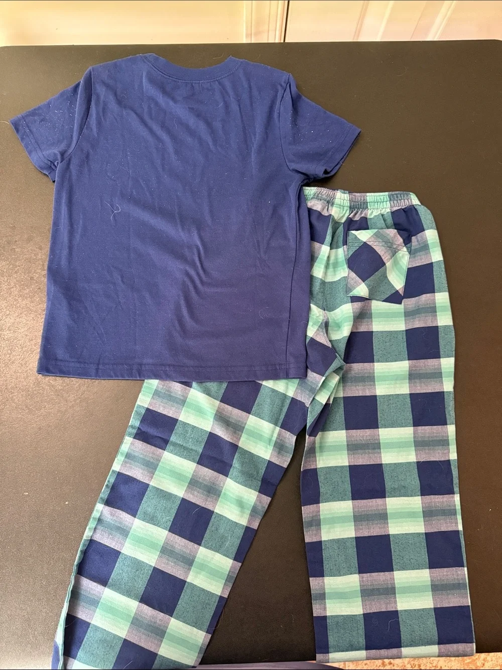 L.L. Bean Navy Short-Sleeve Pajama Set with Teal Plaid Pants